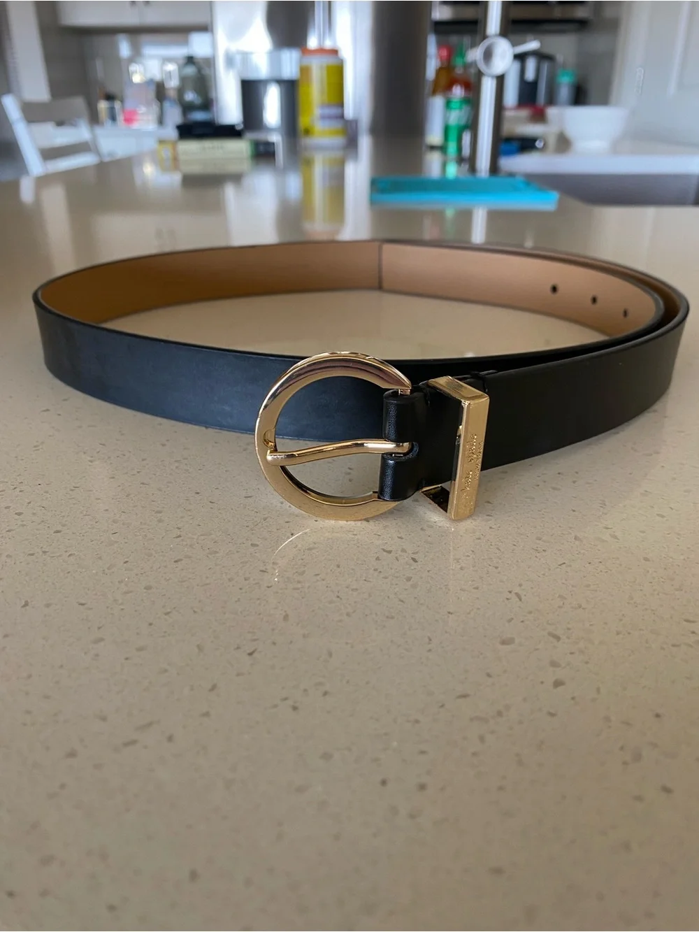 kate spade Black Leather Belt with Gold Round Buckle Accent